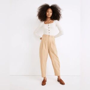 Madewell Pleated Pull-On Tan Balloon Pants Tapered Ankle Sz 8 Minimalist Basic
